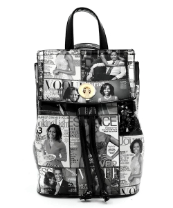 Magazine Cover Collage Convertible Drawstring Backpack Satchel OA2708 GRAY/BLACK